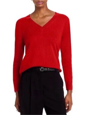 C by Bloomingdale's Women 100% 2 Ply Cashmere V -Neck Sweater Sz S Red Luxury
